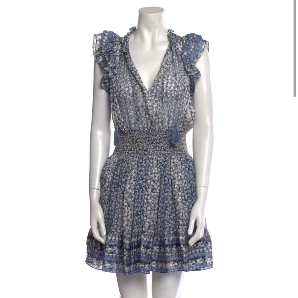 Ulla Johnson Silk Mini Dress Blue and White Summer Ruffle Dress XS